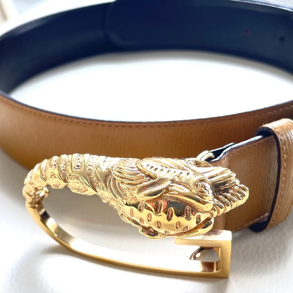 Gucci Gold Lion Head G Buckle Luggage color Leather Belt sz 32 80 Italy NEW